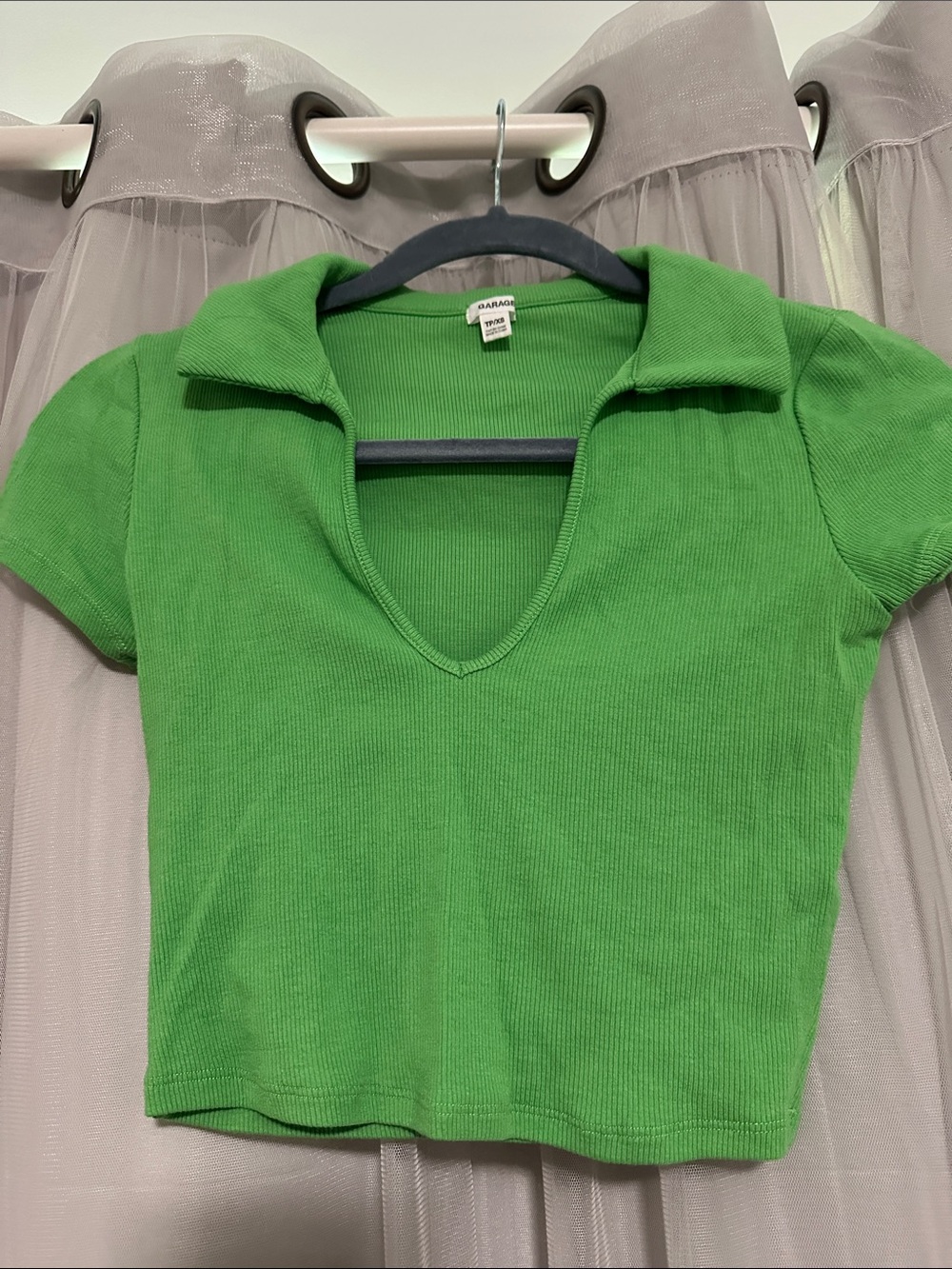 Garage Bright Green Ribbed V-Neck Polo Crop Top